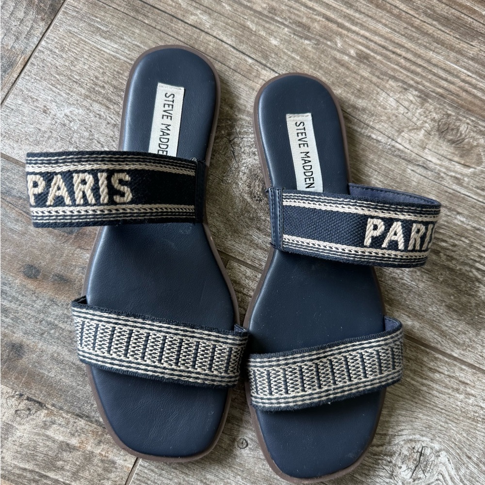 Steve Madden Navy & Cream 'Paris' Two-Strap Slide Sandals - Picture 3 of 4